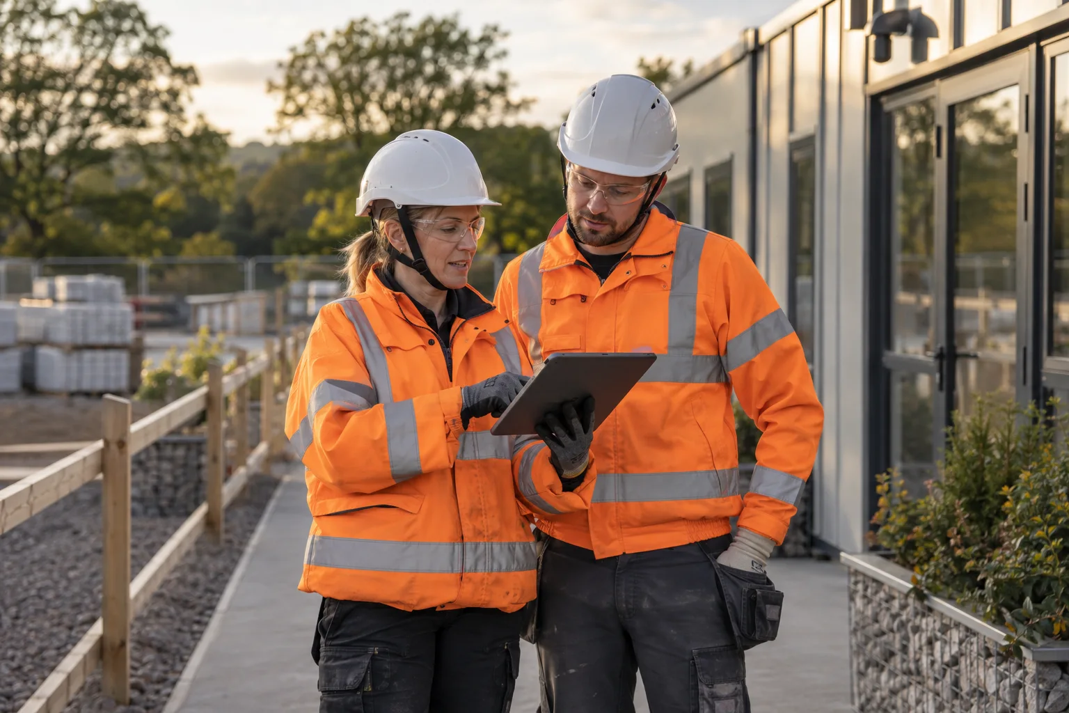 Colleagues reviewing information together on a tablet